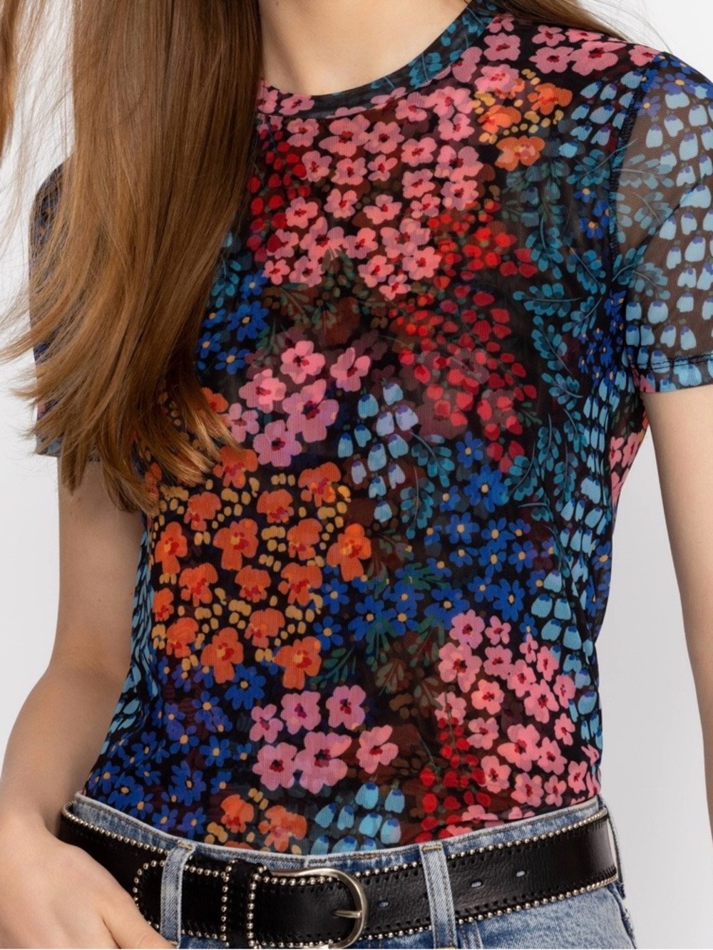 Johnny Was ELEANOR MESH SHORT SLEEVE TEE - ASTRID Floral Small